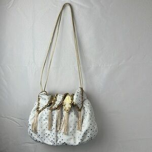 Vintage White Gold Polka Dot Crystal Bag Boho Drawstring Hobo Purse Statement